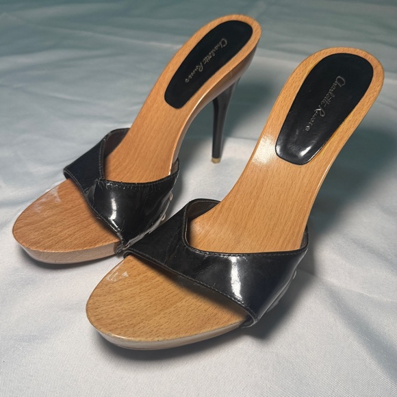 Vintage 2000s Black Leather Stiletto Pumps with Wood Base Heel Club Y2K Punk 9 - Picture 2 of 4